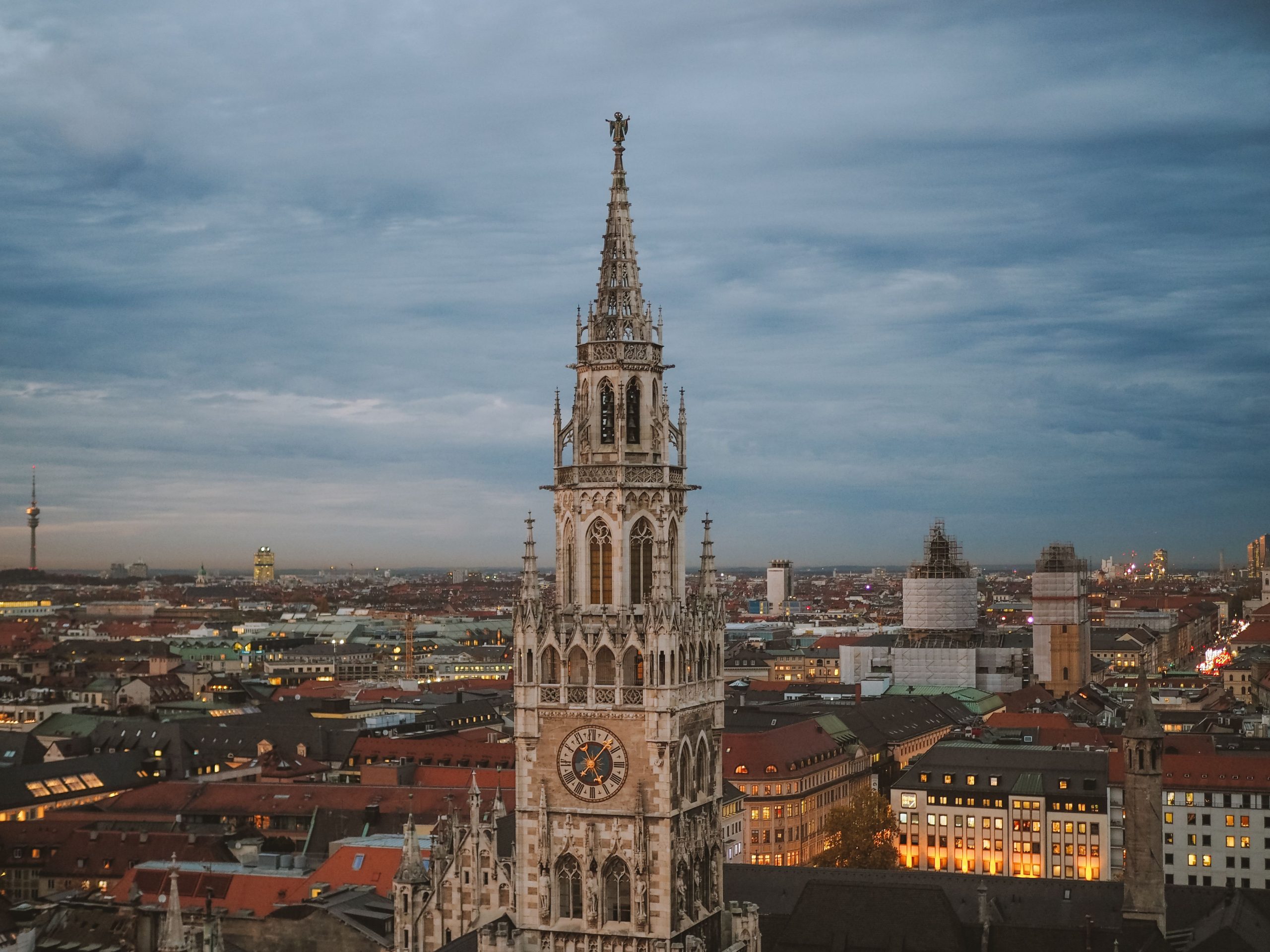 Munich's New Town Hall at dusk, a landmark scene to open a guide to the city's nightlife.